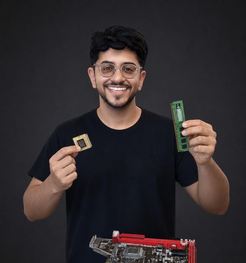 Vivek Gupta holding a processor, memory module, and motherboard